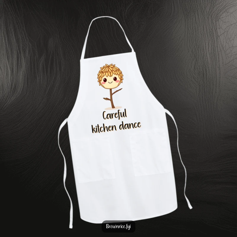 Funny smiling brown rice grain balancing on a twig, printed on a practical and charming kitchen apron.