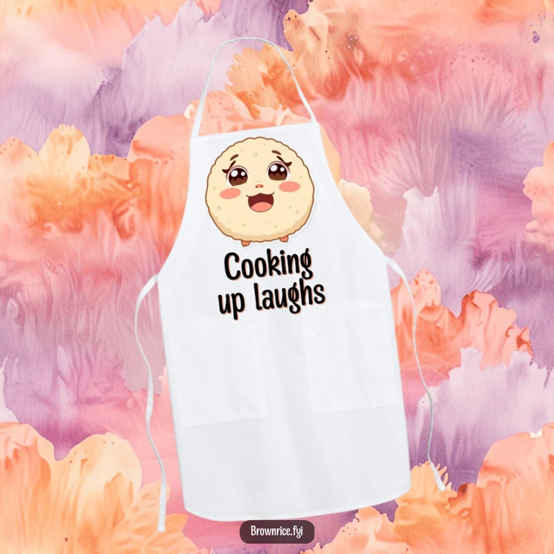 Funny surprised brown rice ball with wide eyes from laughter, a durable kitchen apron with a cute and humorous cartoon illustration.