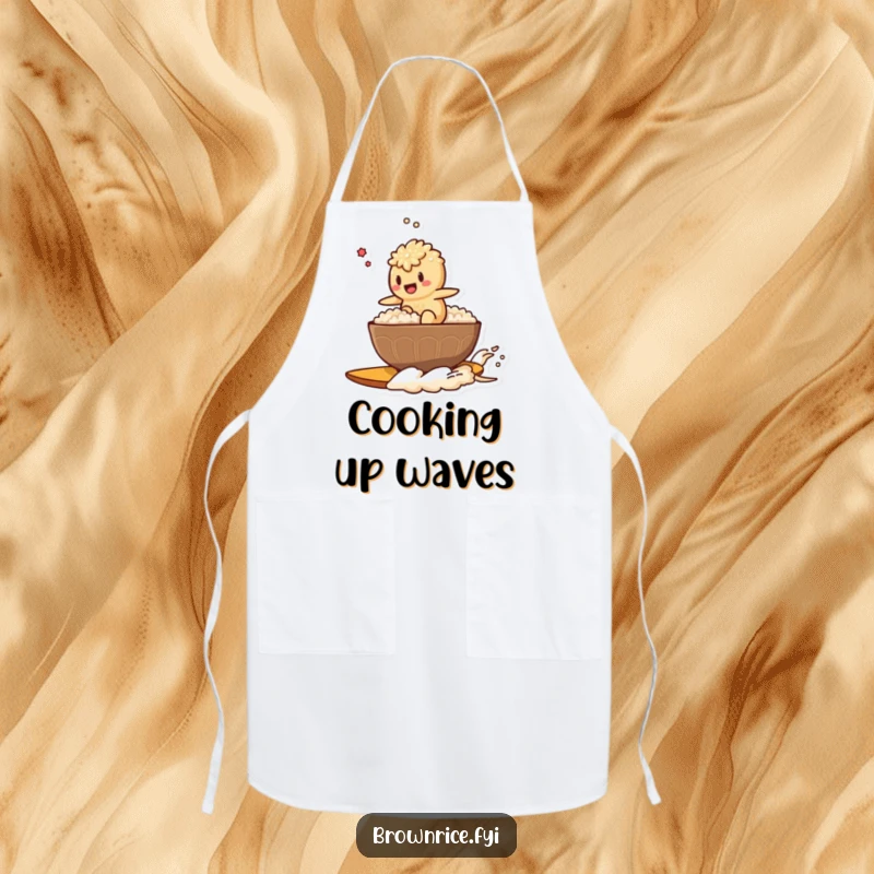 Funny apron showcasing a brown rice character surfing a steaming bowl of rice, adding a humorous touch to kitchen duties.