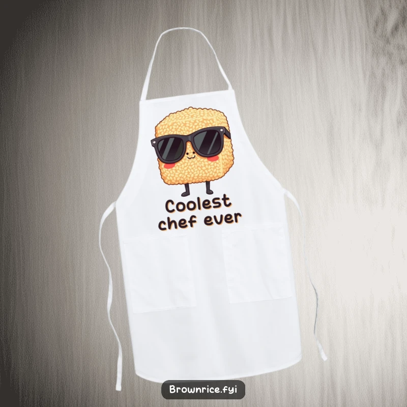 Funny brown rice block wearing oversized sunglasses, looking cool and confident on a practical kitchen apron.