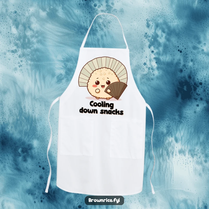 Funny mischievous brown rice ball peeking out from behind a fan, a durable kitchen apron with a cute and playful cartoon illustration.