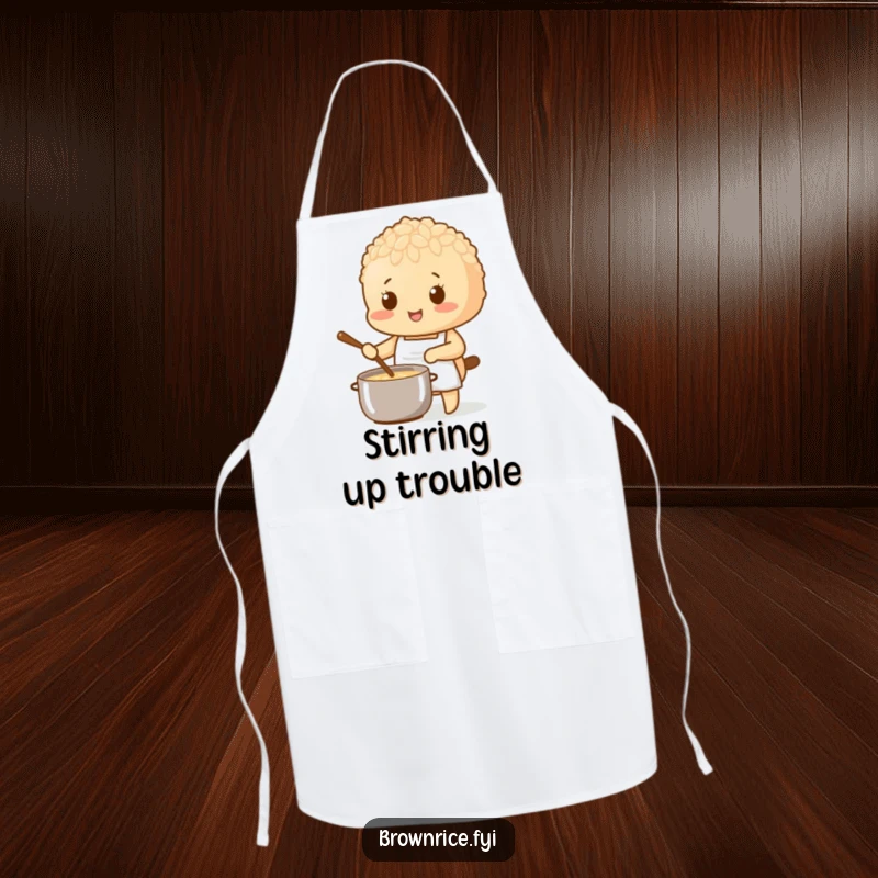 Brown rice character wearing a tiny apron, stirring a pot, a humorous and functional apron.