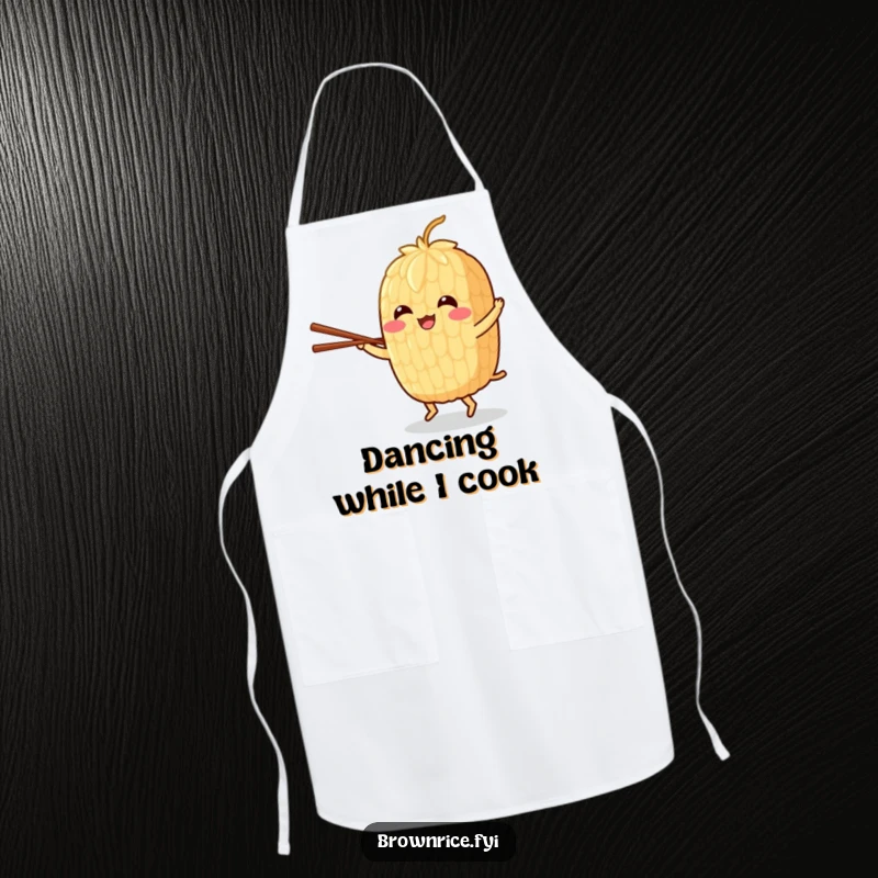 Funny apron depicting a cheerful brown rice grain character dancing with chopsticks, perfect for kitchen fun.