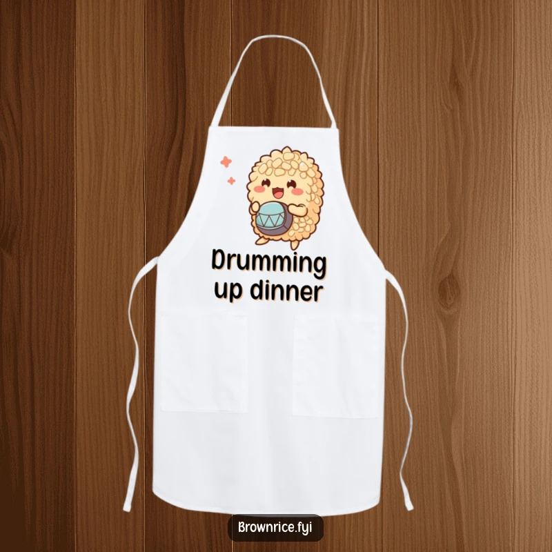Funny apron showcasing a bunch of brown rice characters enthusiastically playing tiny drums, ideal for a fun cooking experience.