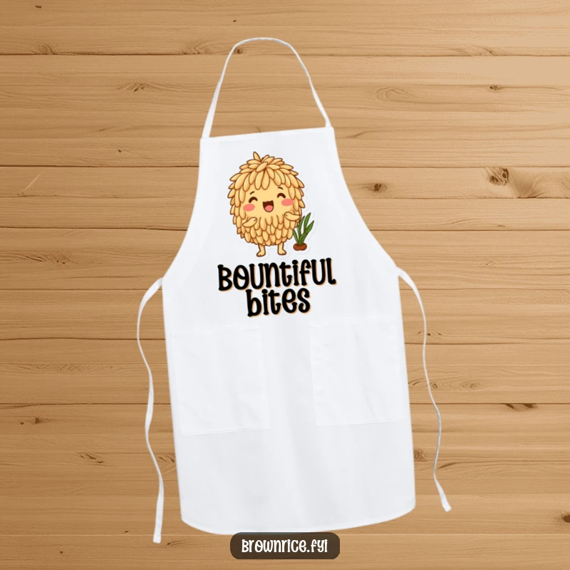 Funny Brown Rice Apron featuring an excited brown rice character celebrating a healthy harvest, perfect for gardeners.