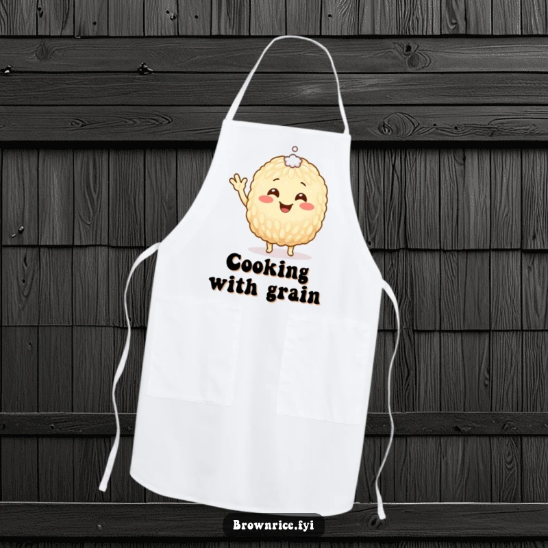 Funny Apron featuring a cheerful brown rice grain character waving, a tiny salt speck on its head, for kitchen fun.