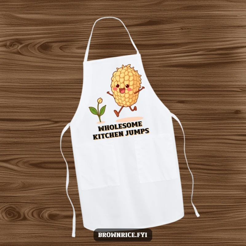 Funny apron featuring a brown rice grain character joyfully skipping while preparing food, adding a humorous touch to cooking.