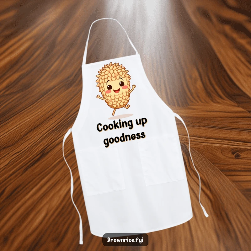 Funny apron depicting a happy brown rice grain character engaged in a lively hop, adding humor to cooking.