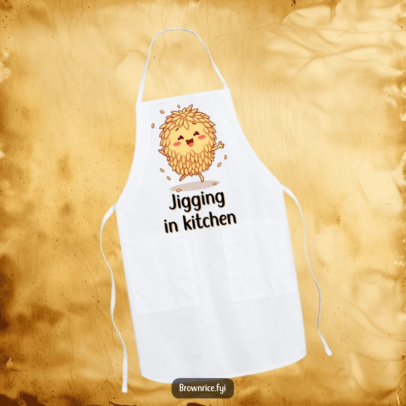 Funny Apron featuring a happy brown rice cluster doing a lively jig, its grains bouncing rhythmically.