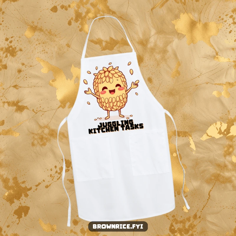 Funny apron depicting a happy brown rice grain character skillfully juggling smaller grains, perfect for kitchen fun.