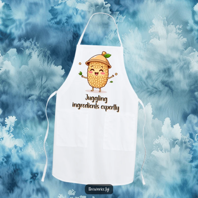 Funny apron showcasing a happy brown rice grain character wearing a hat and juggling sprouts, ideal for a fun cooking experience.