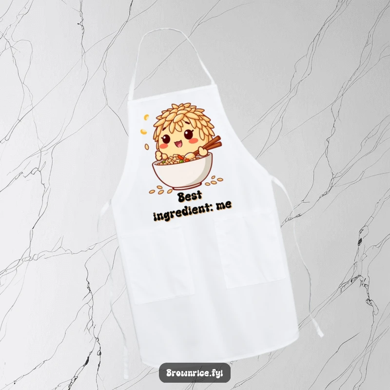 Funny apron showcasing a brown rice grain character happily mixing ingredients in a bowl, designed for a fun cooking experience.