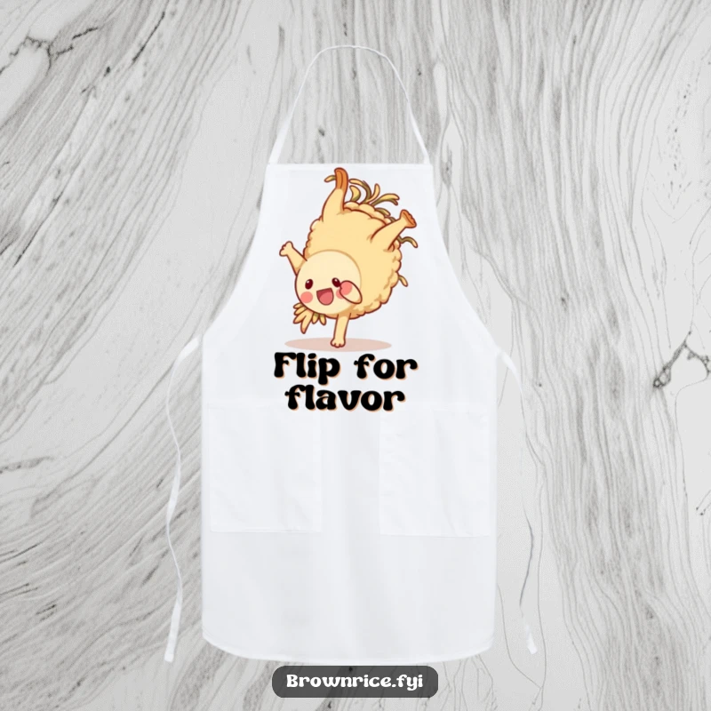 Funny brown rice character apron, heroically performing a somersault, ready to tackle kitchen messes with a cheerful attitude.