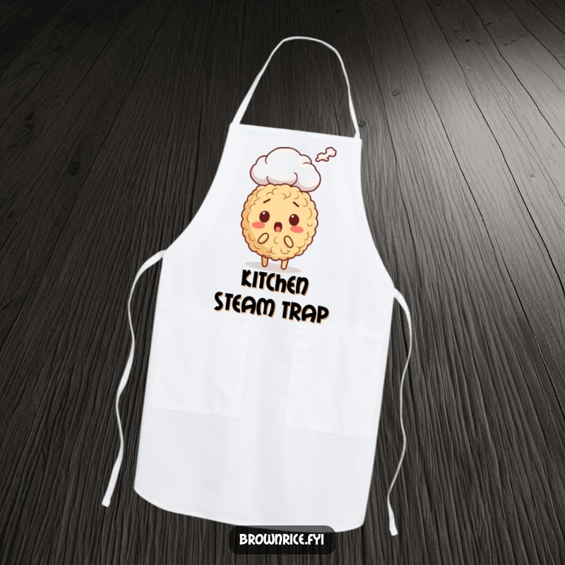 Funny brown rice character apron, with eyes wide in surprise as a steam cloud billows around them, perfect for humorous cooking.