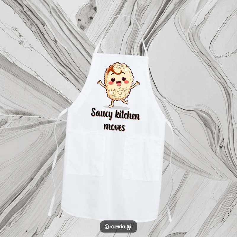 Funny brown rice character doing a silly dance with a dash of soy sauce, shown on a humorous kitchen apron.