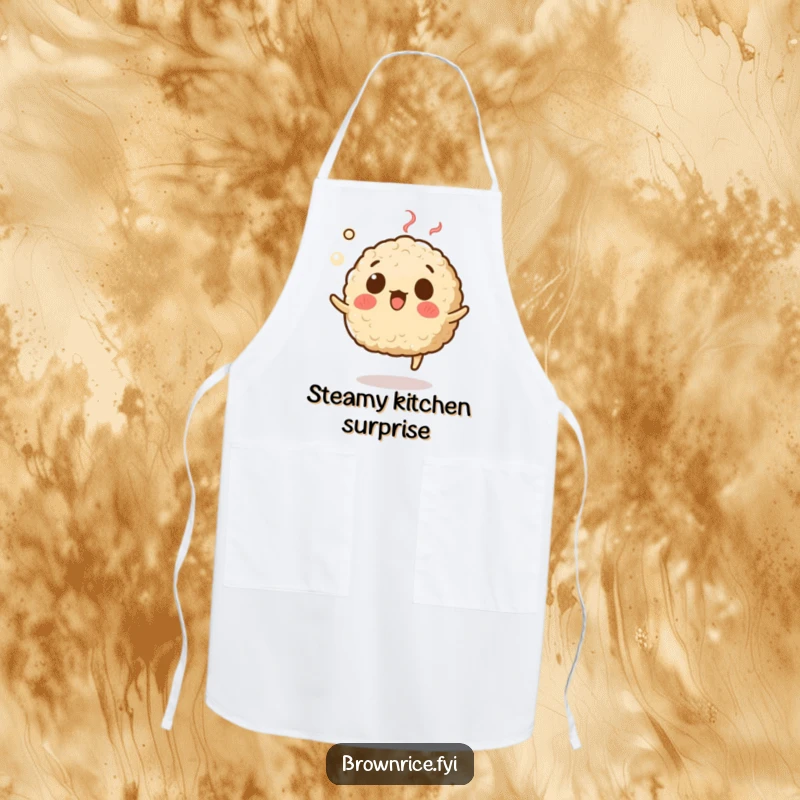 Funny apron featuring a brown rice grain character with a surprised expression, levitating with steam, for amused chefs.
