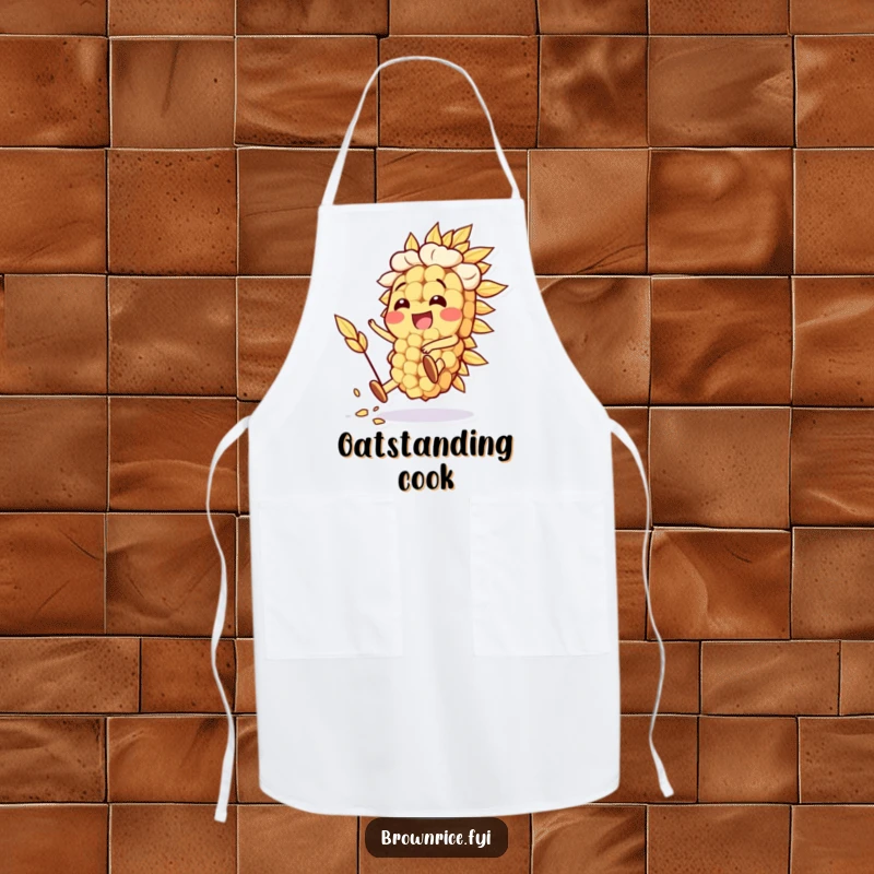 Funny Oat Grain Apron featuring a happy oat grain character performing a silly stunt, perfect for kitchen fun. A delightful funny gift.