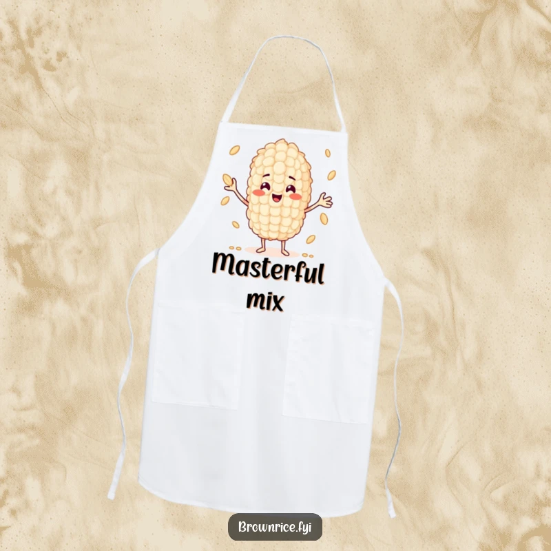 Funny grain of rice character juggling smaller grains, designed for a practical and humorous kitchen apron.