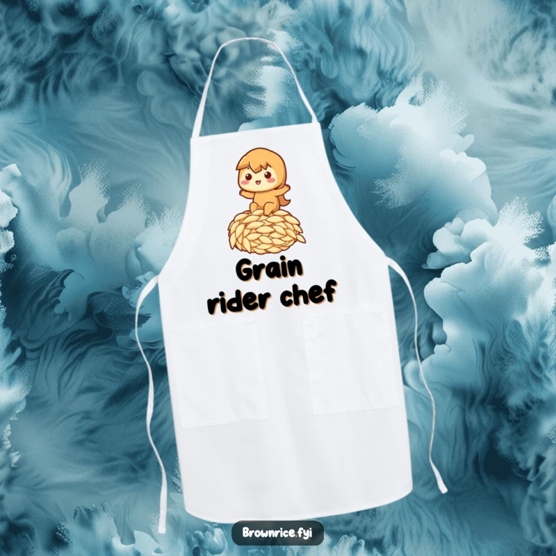 Funny apron illustrating a brown rice character joyfully riding a giant grain of rice, a superb funny gift.