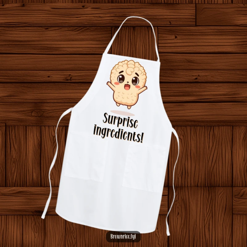 Funny apron featuring a brown rice character jumping back in comical surprise, great for a funny gift.