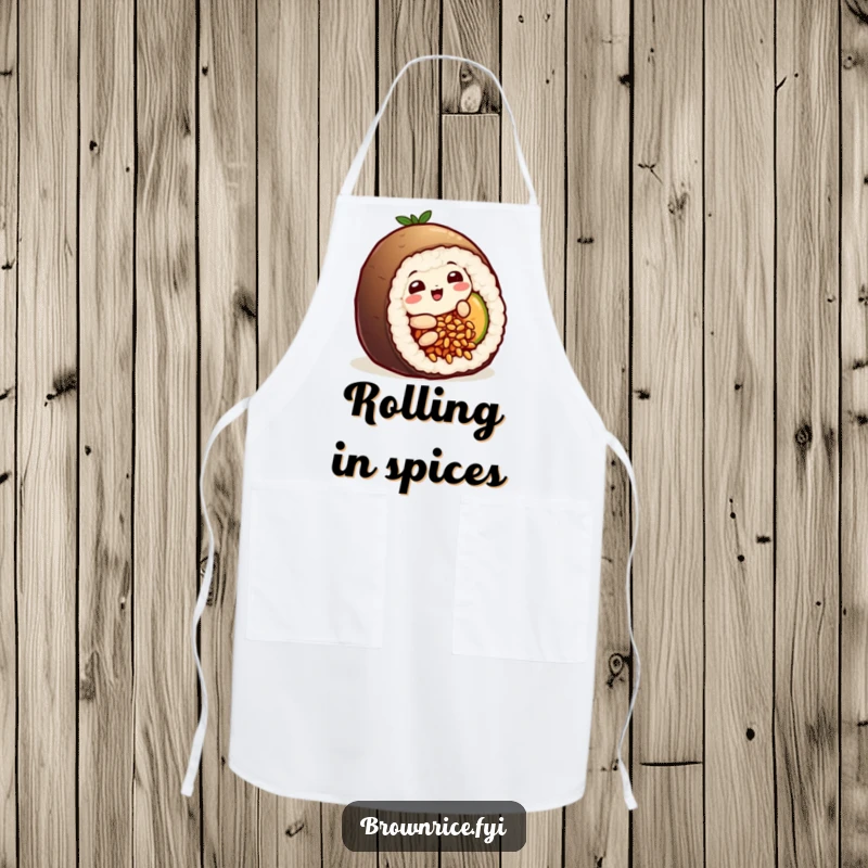 Funny playful brown rice grain character humorously sliding into a sushi roll, adding a touch of fun to this kitchen apron.