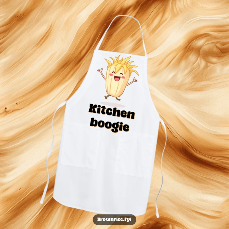 Funny grinning stalk of rice character dancing with happy abandon, designed for a practical and humorous apron.