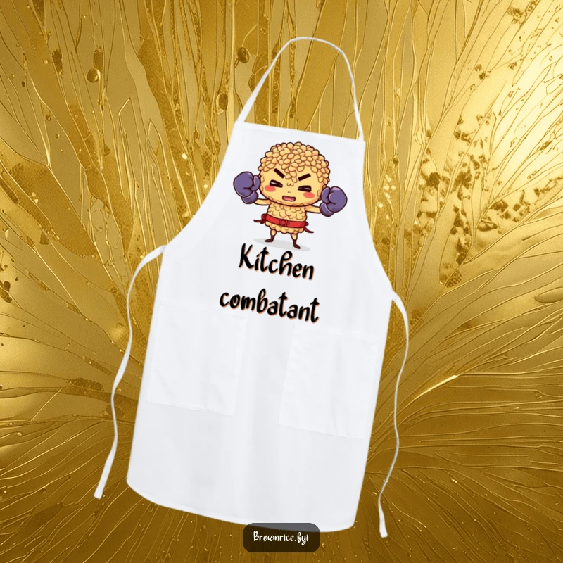 Funny Brown Rice Apron: Brown rice character in boxing gloves, ready to fight, kitchen warrior accessory.