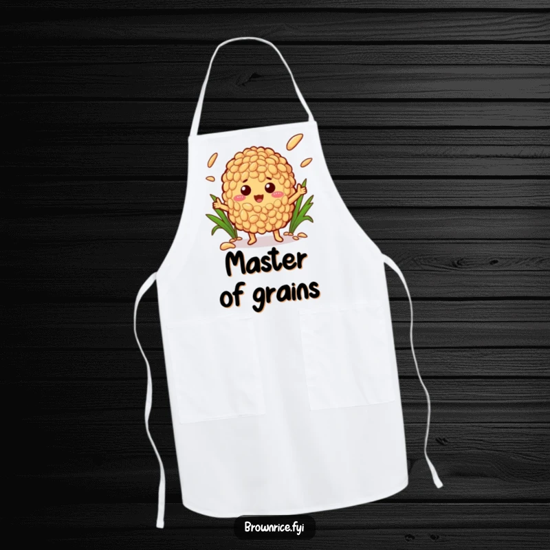 Funny apron decorated with a brown rice character gleefully juggling different grains of rice while standing in a kitchen setting.