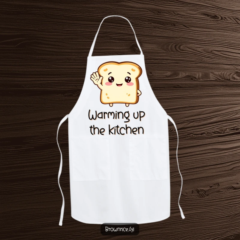 Funny apron with a cute piece of toast character waving hello, making cooking and hosting more cheerful and welcoming.