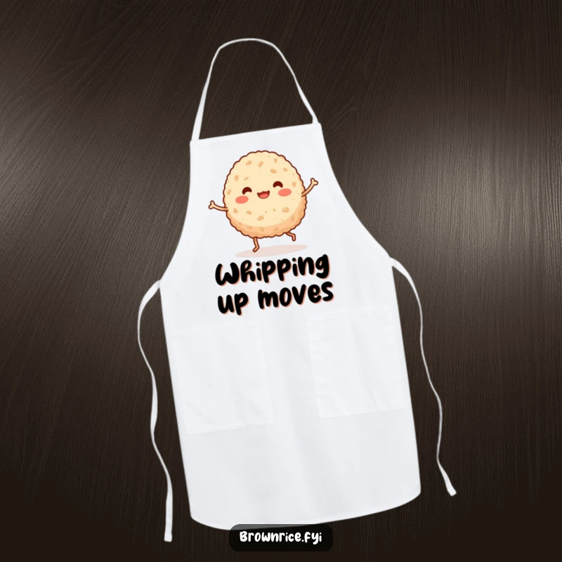 Funny kawaii brown rice ball with legs doing a comical dance, printed on a practical and humorous kitchen apron.
