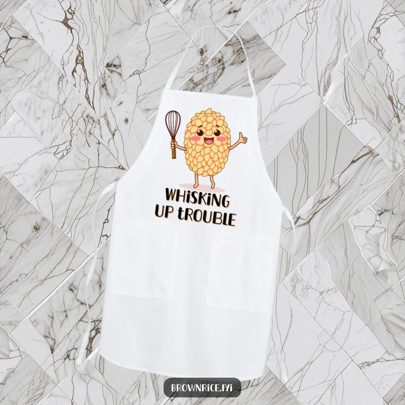 Funny apron showing a brown rice grain character doing a victory dance with a whisk, ready to tackle any culinary challenge.