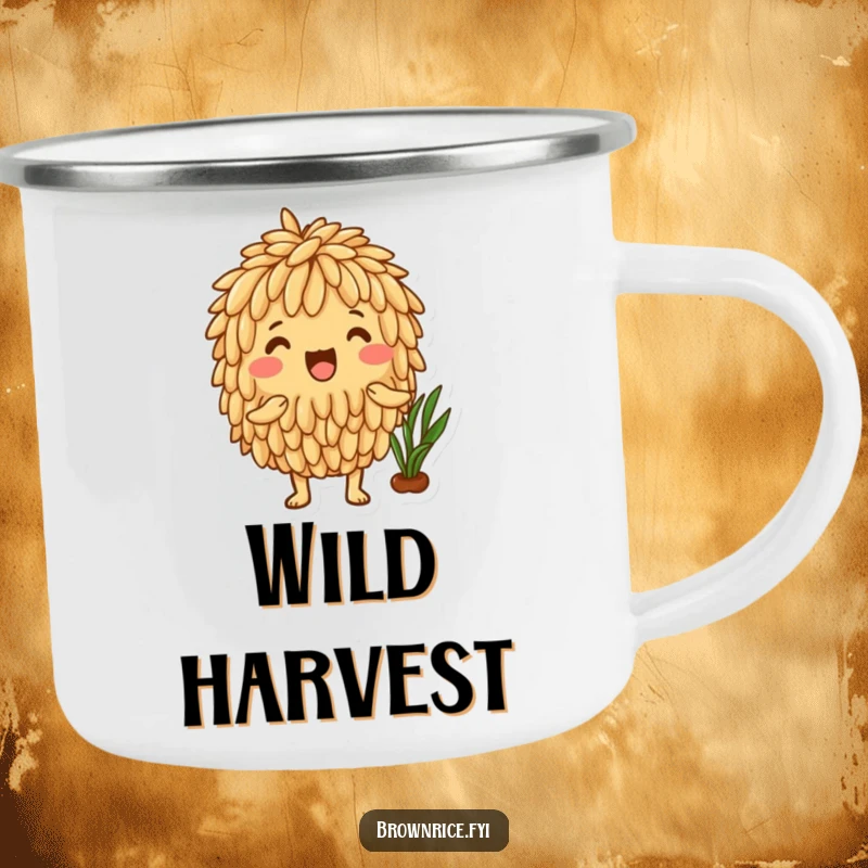 Funny Brown Rice Camping Mug featuring an excited brown rice character celebrating a healthy harvest, perfect for outdoor enjoyment.