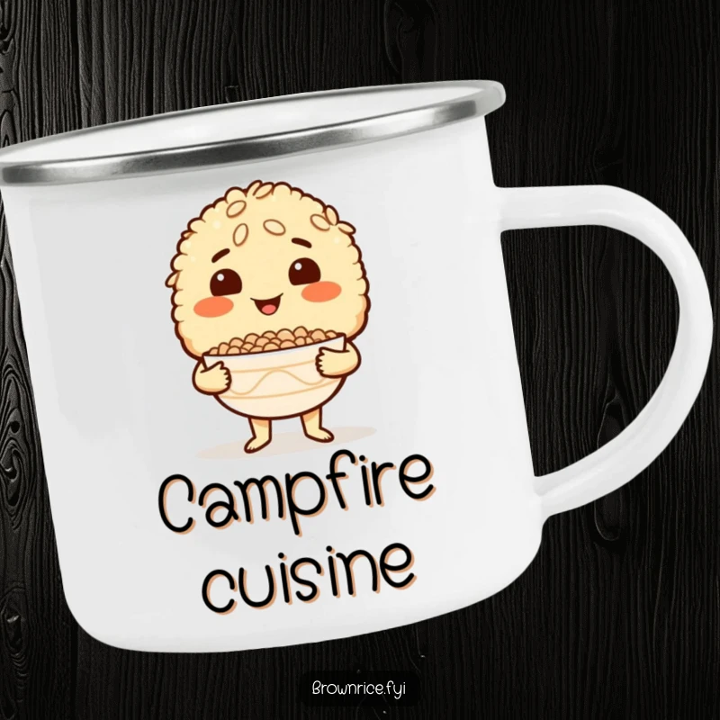Funny Brown Rice Camping Mug featuring a proud brown rice character holding an empty bowl, perfect for enjoying meals outdoors.