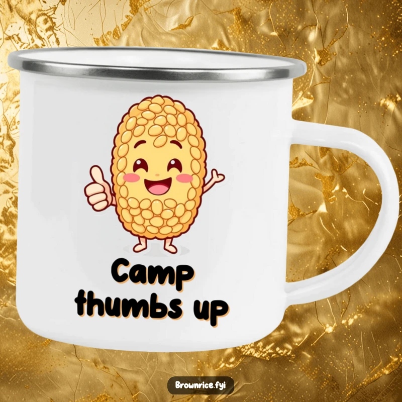 Funny jolly brown rice grain character giving a thumbs-up, ready for adventure on this durable camping mug.
