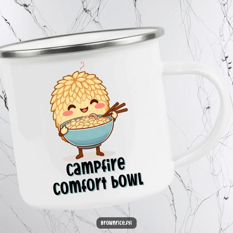Funny camping mug showing a brown rice grain character carefully offering a steaming bowl, perfect for sharing warmth in the wild.