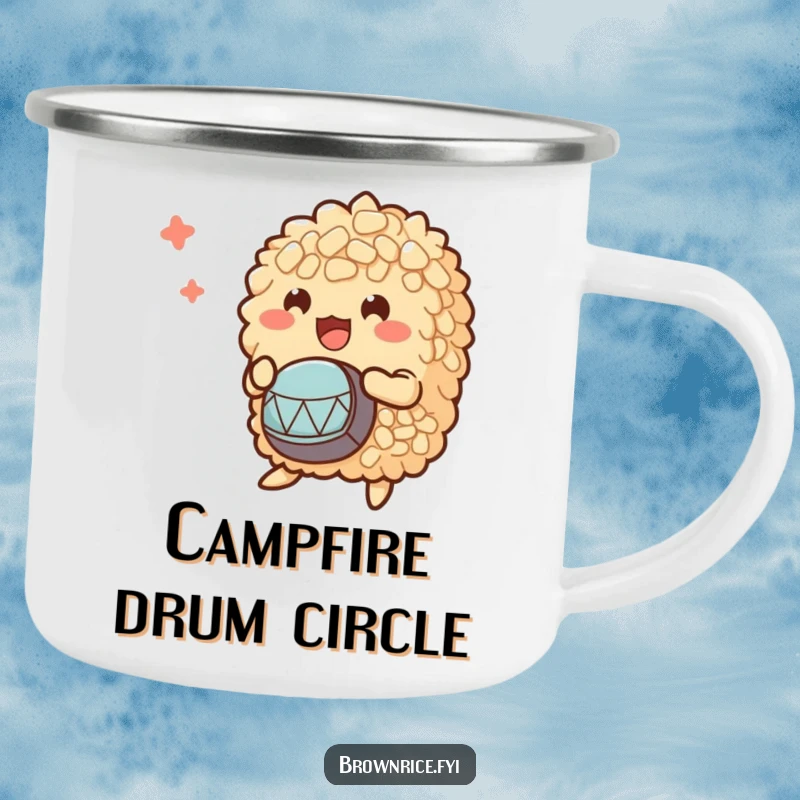 Funny camping mug featuring a bunch of brown rice characters enthusiastically playing small drums, adding humor to outdoor adventures.