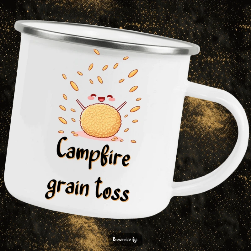 Funny happy brown rice ball tossing brown rice grains in the air, a durable enamel camping mug with a cheerful cartoon.