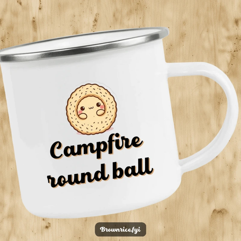 Funny Camping Mug: A brown rice character rolled into a round ball, perfect for compact, fun adventures.