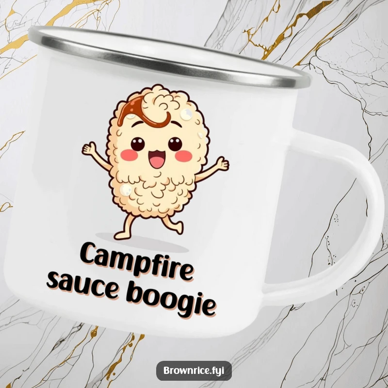 Funny brown rice character doing a silly dance with soy sauce, depicted on a rugged camping mug.