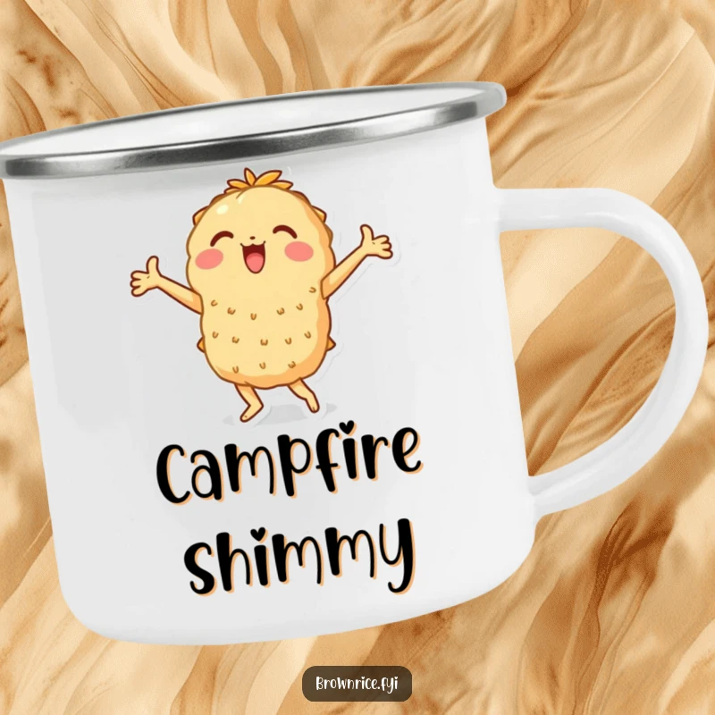 Funny camping mug showing a brown rice character in a joyful dance pose, arms wide, ready to party, funny gift.