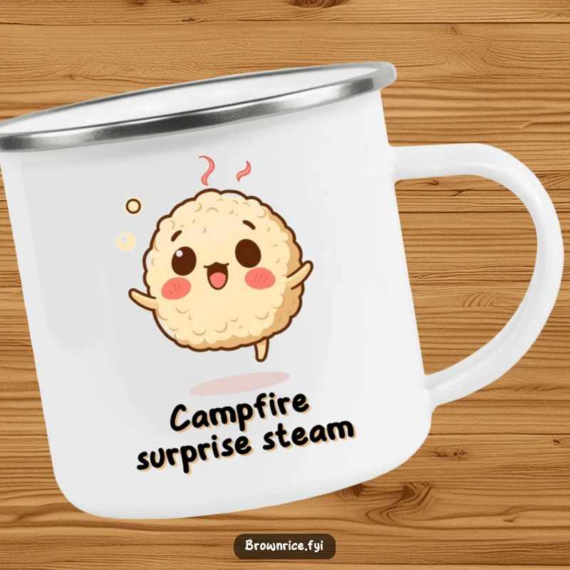Funny camping mug showcasing a brown rice grain character with a surprised expression, levitating with steam, for adventurous souls.