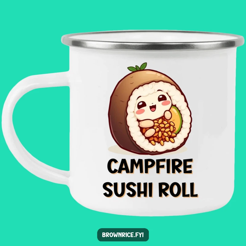 Funny Sushi Rice Grain Camping Mug: Playful Character's Roll Adventure