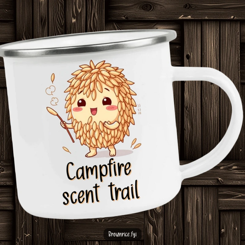 Funny camping mug showing a brown rice grain character creating a delicious aroma cloud, perfect for enjoying flavorful outdoor moments.