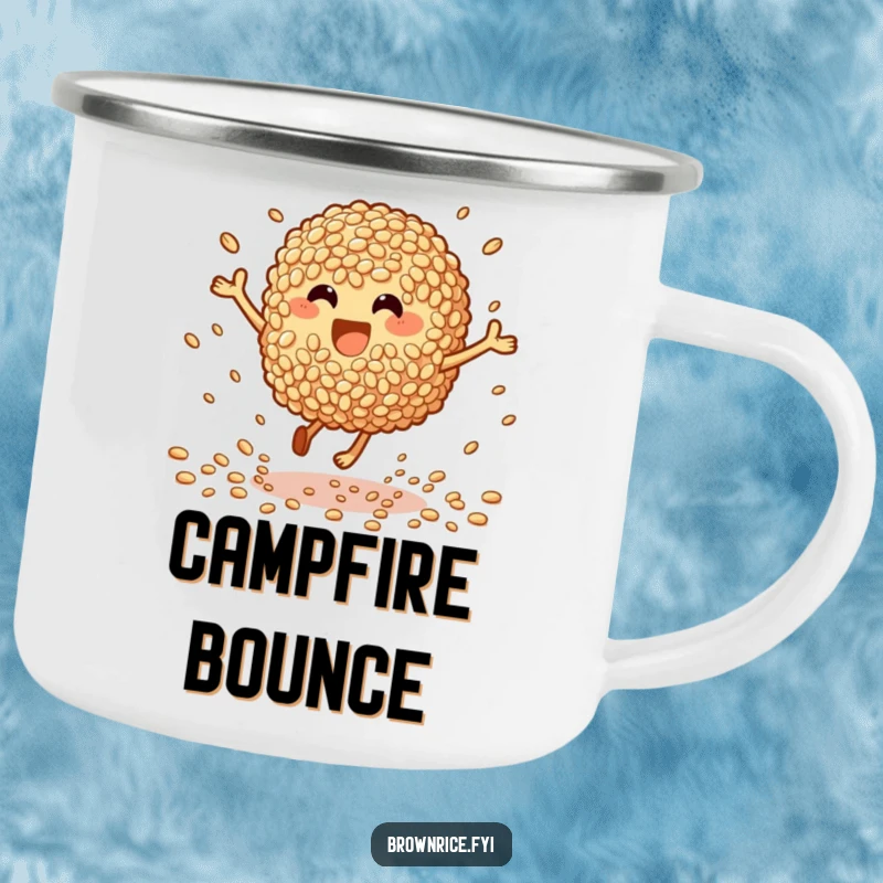 Funny Camping Mug: A brown rice character bouncing with glee, grains scattering, ready for outdoor adventures.