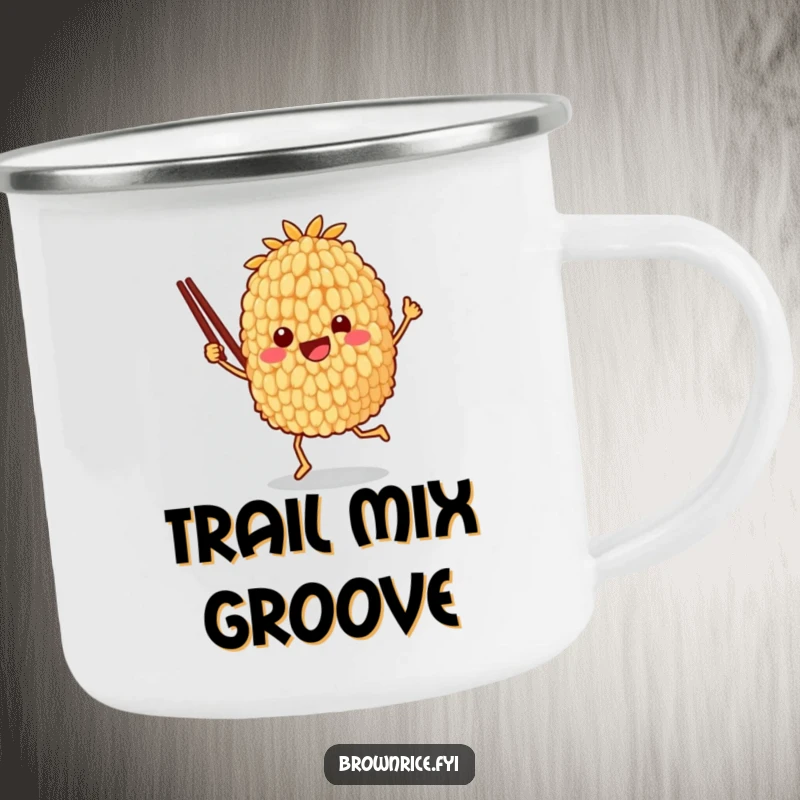 Funny camping mug depicting a brown rice grain character joyfully dancing with chopsticks, designed for outdoor enthusiasts.