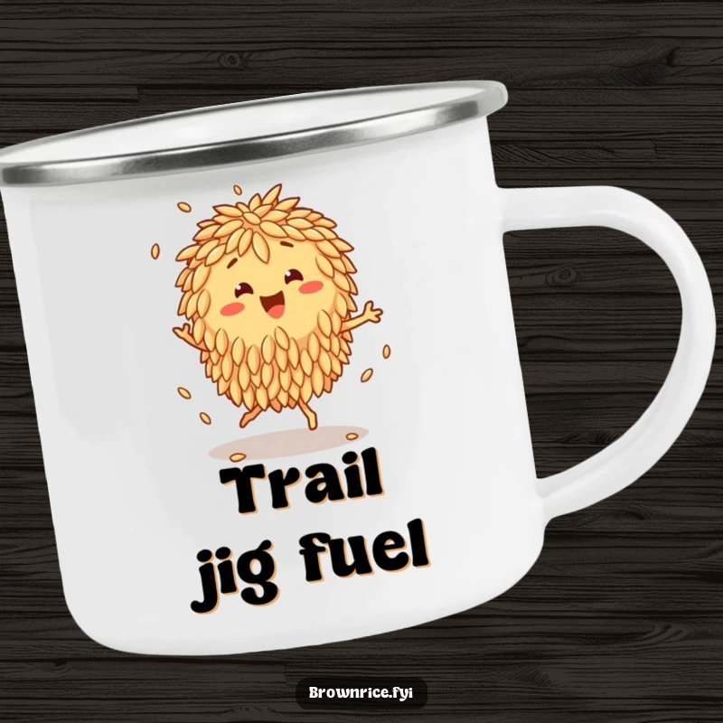 Funny Camping Mug featuring a happy brown rice cluster doing a lively jig, its grains bouncing rhythmically.