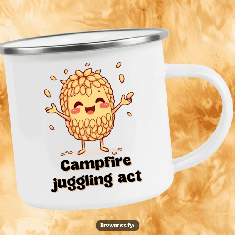 Funny camping mug with a happy brown rice grain character expertly juggling smaller grains, for adventurous sips.
