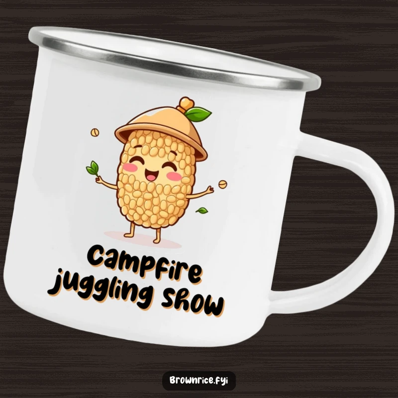 Funny camping mug featuring a happy brown rice grain character in a hat juggling sprouts, adding humor to outdoor activities.
