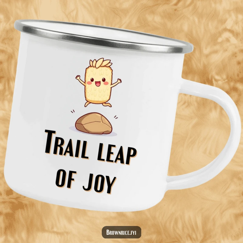 Funny camping mug featuring a brown rice character joyfully leaping over a small pebble, adding humor to outdoor activities.