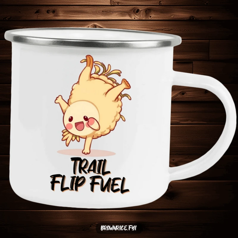 Funny brown rice character camping mug, joyfully somersaulting around a campfire, ready for outdoor adventures and jokes.